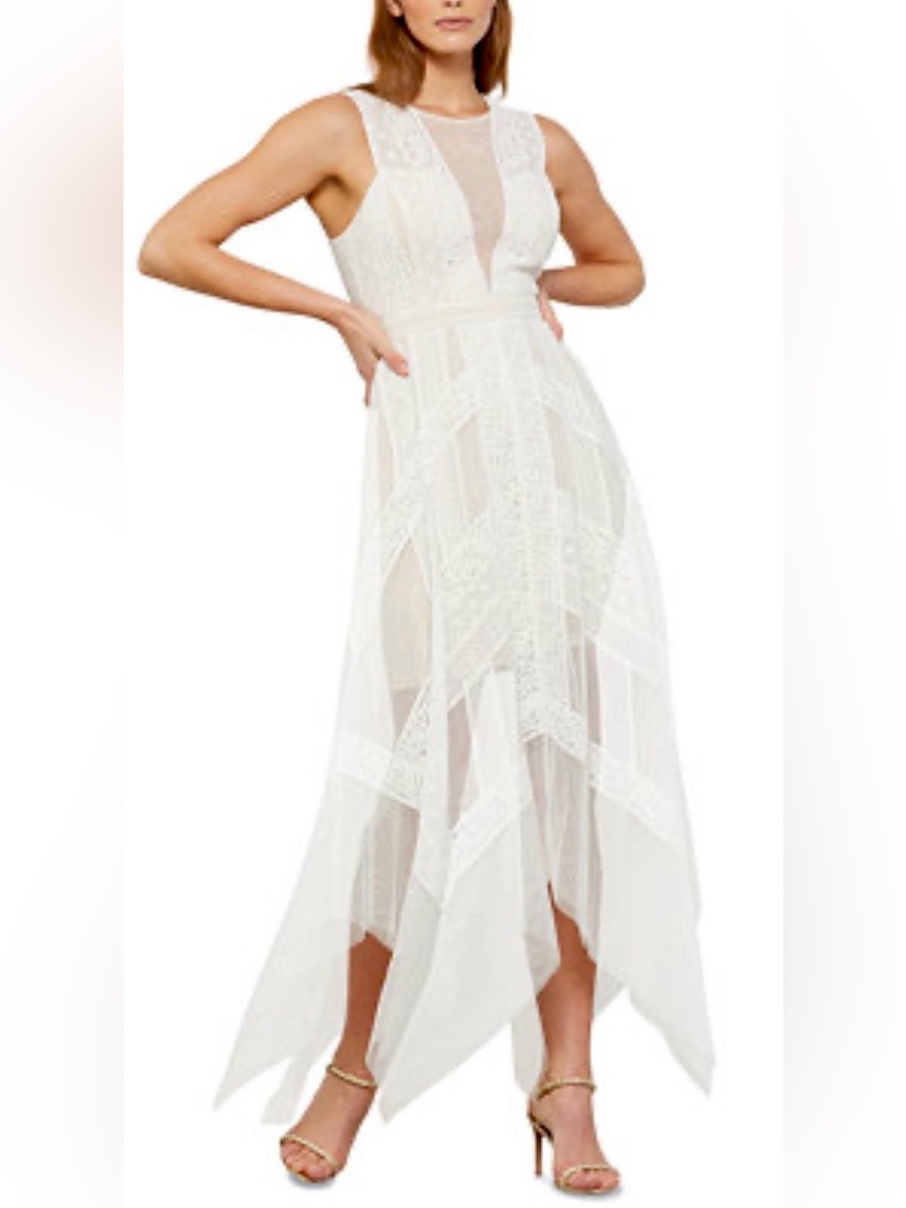 NWT BCBG MAXAZRIA Ivory Andi Handkerchief Asymmetric Lace Tulle Dress